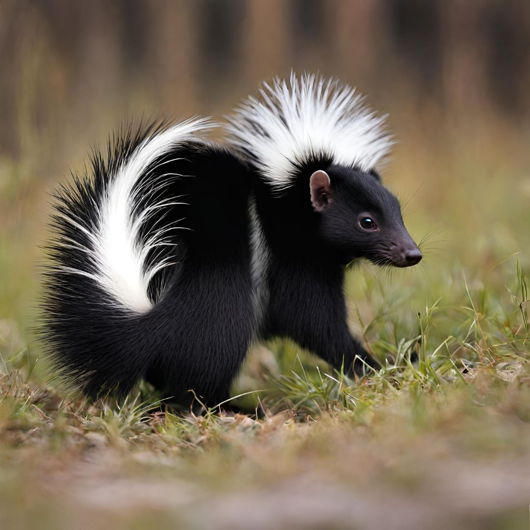 A skunk with its tail raised, emitting a spray. Learn about how long does skunk smell last with our science-based guide on skunk odor.