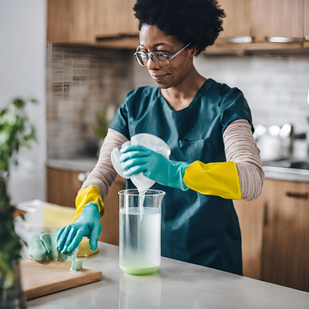 A person wearing rubber gloves and using a mixture of baking soda and hydrogen peroxide to remove skunk smell