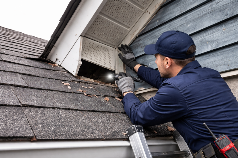 A professional wildlife technician inspects a damaged roof soffit.