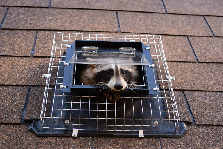 A raccoon pokes its head out of a one way door.