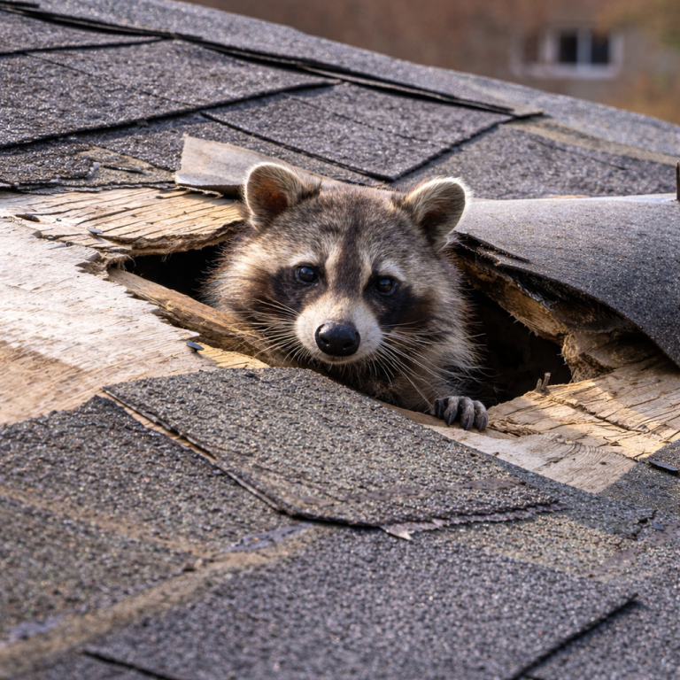 A raccoon pokes its head out of a hole in a damaged roof.