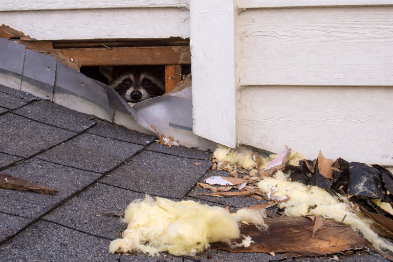 A raccoon pokes its head out of a damaged soffit, with insulation debris around the surrounding the roof.