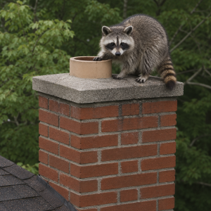 A raccoon on the chimney of a house.