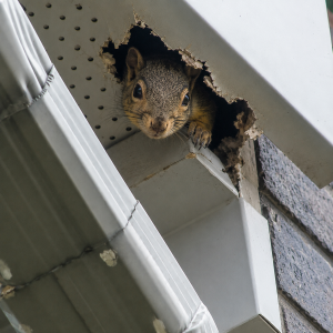 A squirrel pokes its head out of a damaged soffit.