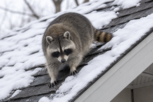 A raccoon on a snowy rooftop.