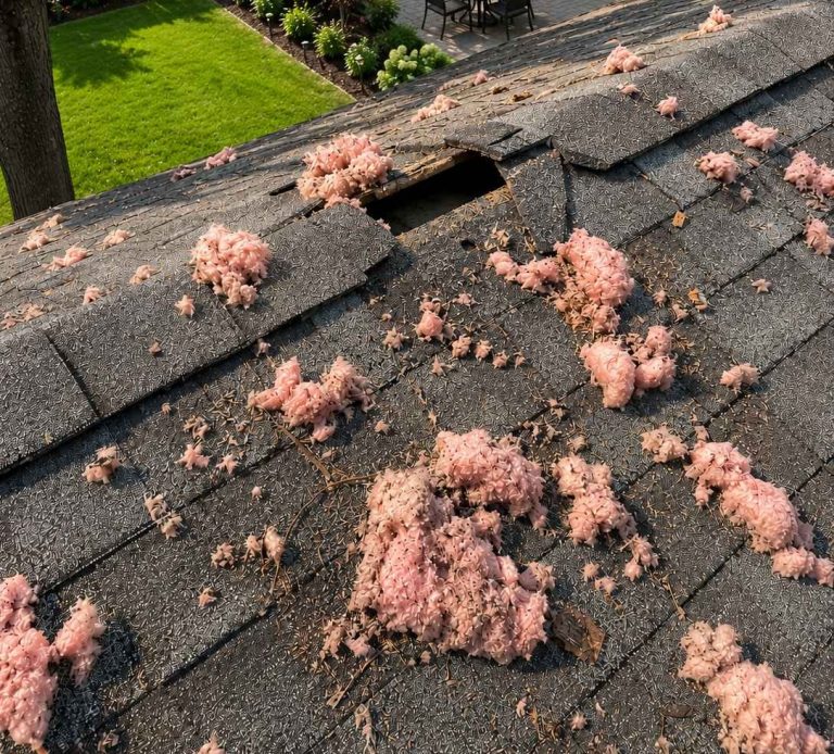 A roof covered in insulation debris with a hole in one of the shingles.