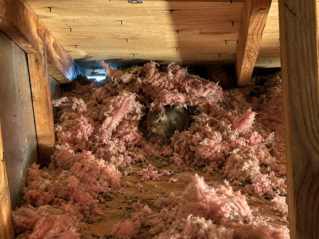 A squirrel in the corner of an attic, with insulation debris around the floor.