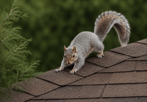 A squirrel walking along the roof of a house.