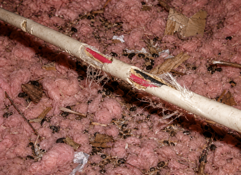 A chewed wire in an attic.