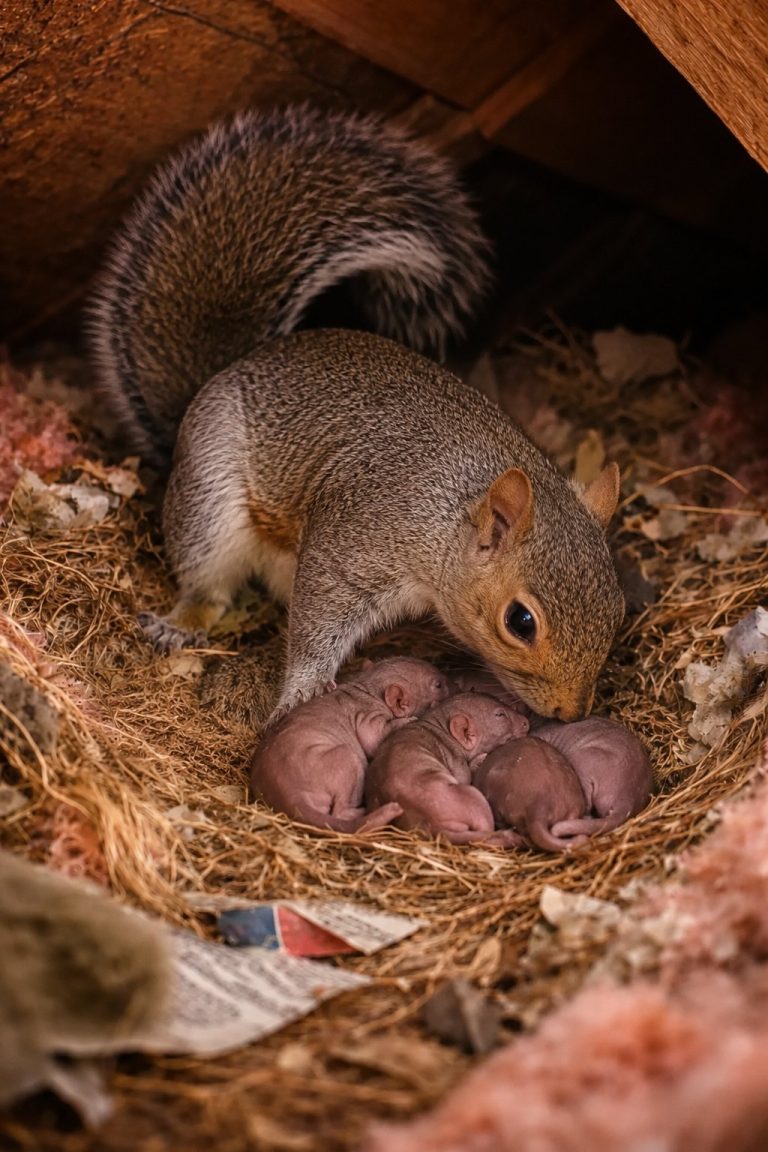 A mother squirrel in an attic hovering over her babies.