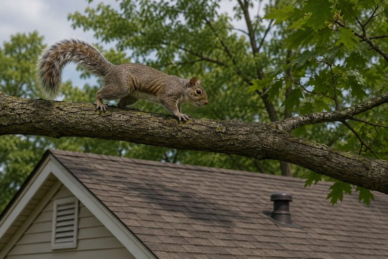 A squirrel walking along a branch overtop of a house.