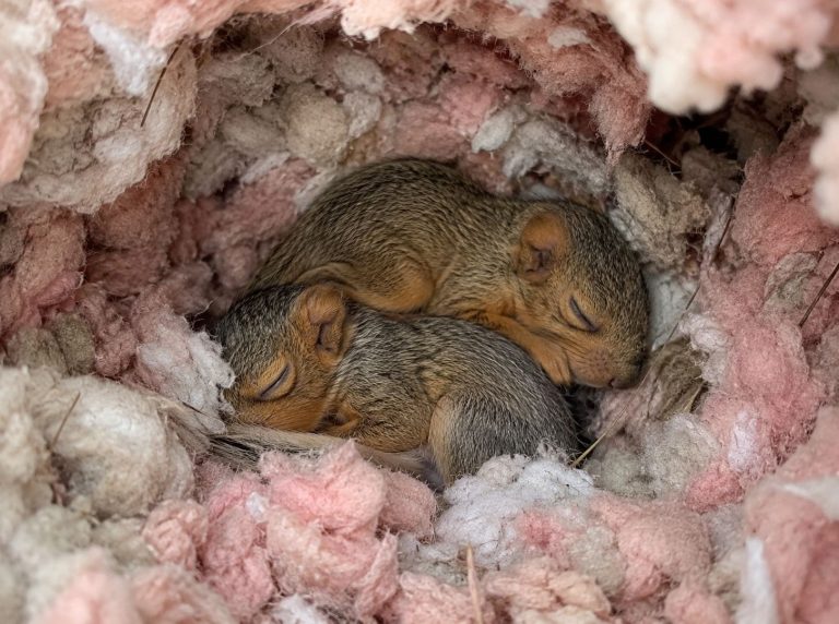 Two baby squirrels cuddle together in a nest made of insulation.